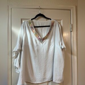 SHEIN White Blouse with Colorful Embroidered V-Neck